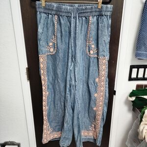 Fun Embroidered Chambray Tencel Ivy Jane Wide Leg Pants L